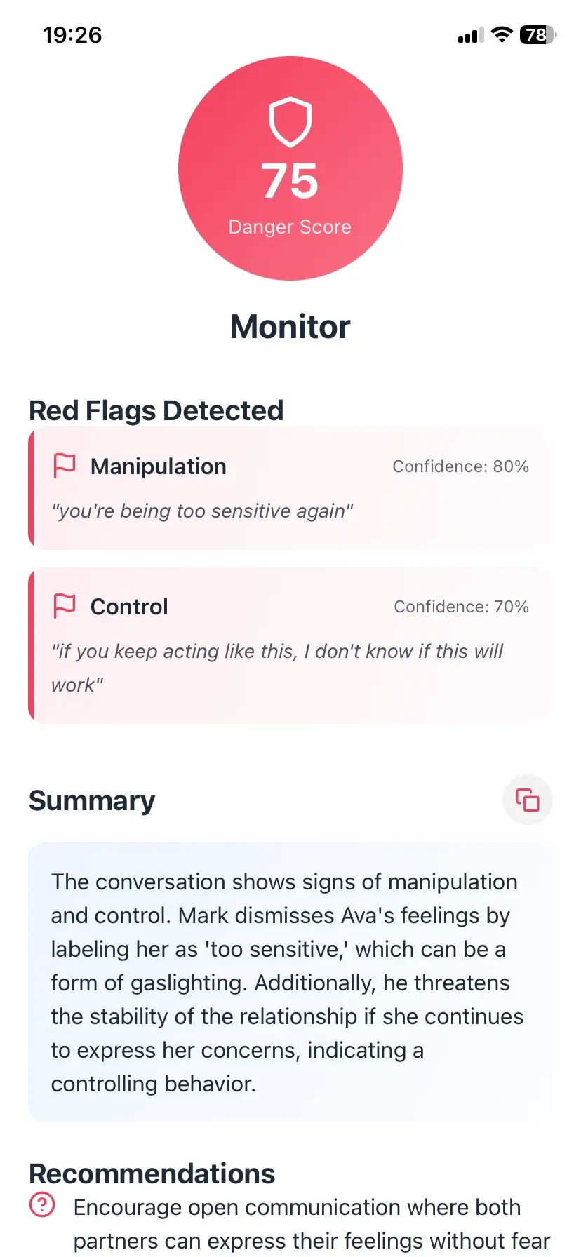 Flagz App - Monitor Screen showing Danger Score 75 with Manipulation and Control detected